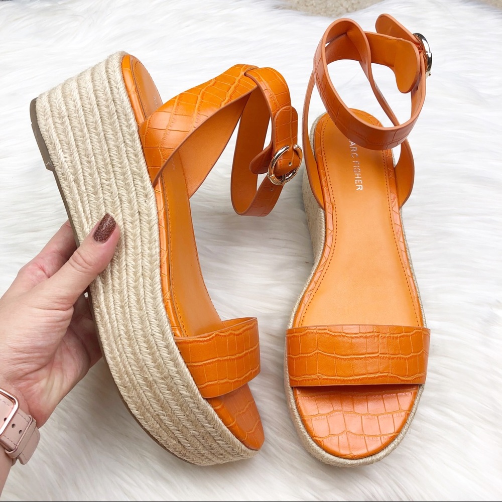 New Marc Fisher Jenia Croc Embossed Platform Wedge Espadrille Sandal in Orange